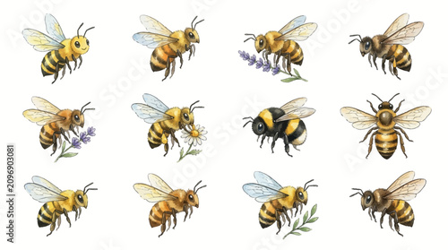 Detailed Watercolor Collection of Flying Honey Bees and Bumblebees Set for Natural Honey Production and Pollination Ecosystem Designs