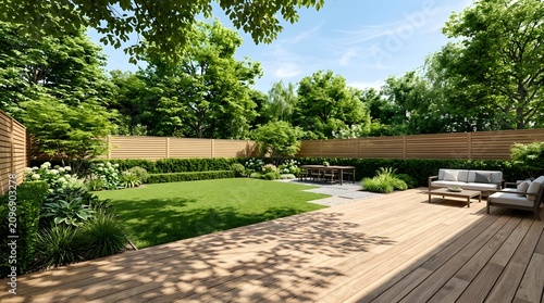 A serene backyard scene with a wooden deck, outdoor furniture, and lush greenery in a fenced garden on a sunny day with trees and a clear blue sky visible.