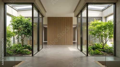A serene interior with glass doors opens to a courtyard featuring trees and plants on either side of a wooden wall.