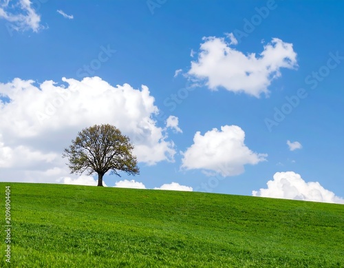 Serene pastoral landscape with solitary tree under blue sky.