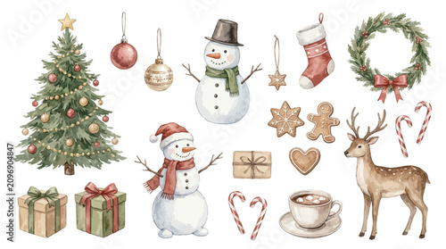 Hand Drawn Watercolor Christmas Illustration Set Featuring Festive Holiday Elements Including Trees Snowmen Reindeer Decorations and Gifts
