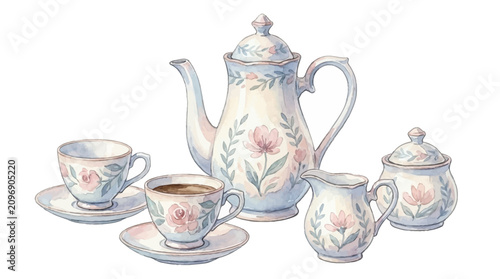 Foto Elegant Floral Porcelain Tea Set Featuring A Classic Teapot Cups Creamer and Sug