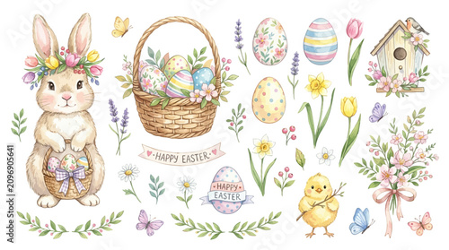 Naklejka Watercolor Easter Celebration Collection Featuring Cute Bunny Basket Decorated Eggs and Springtime Floral Elements for Seasonal Greeting Card Designs