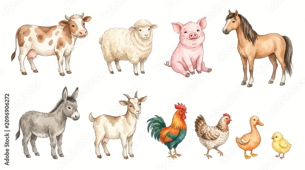 Obraz premium Collection of Hand Drawn Farm Animals Including Cow Sheep Pig Horse Donkey Goat Rooster Hen Duck and Chick Illustration Set