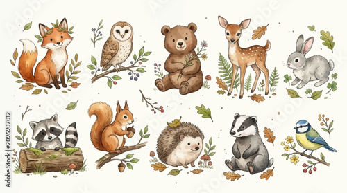 Cute Woodland Animals Collection Featuring A Fox Owl Bear Deer Rabbit Raccoon Squirrel Hedgehog Badger And Bluebird In Watercolor Style