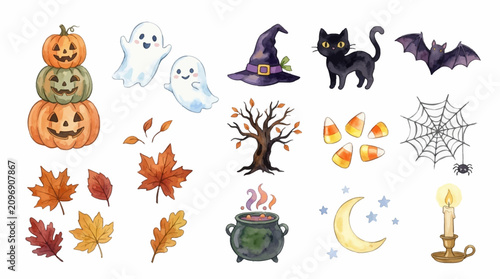 Foto Watercolor Halloween Elements Collection with Cute Ghosts Jack O Lantern Pumpkin
