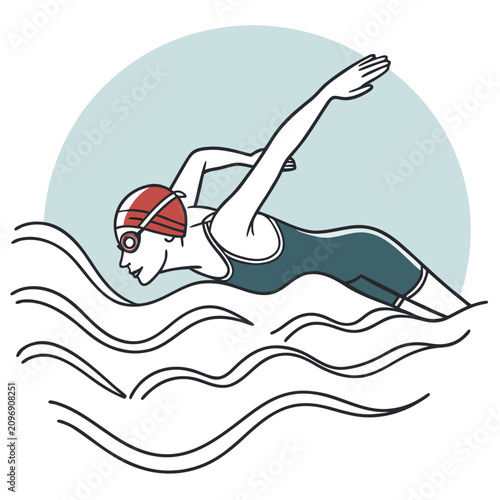 Woman swimmer performing freestyle stroke in water illustration with female athlete wearing cap and goggles while swimming laps in pool for summer fitness recreation and healthy lifestyle branding.