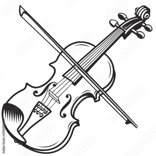 Canvastavla Elegant violin with bow and leaf ornaments vector illustration artistic musical instrument drawing with natural decor isolated on white background for creative design projects and branding materials