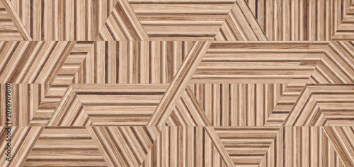Bild auf Leinwand A light brown wooden slatted wallpaper texture featuring an intersecting geometric pattern of linear grooves and natural timber grain