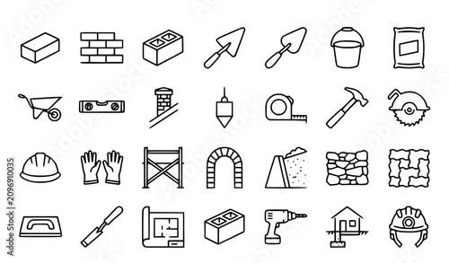 Konstfotografi Set of 30 Masonry Outline Icons with Bricklaying Construction Tools and Building
