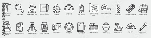 Geological Field Survey Equipment Line Icons Set, Geology Tools and Exploration Instruments Outline Collection. Vector Pictograms of Geological Hammer, Hand Lens, Rock Sample Bag, Field Notebook, etc.