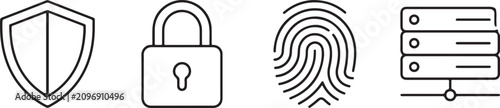 Security icons set including shield, lock, fingerprint and server