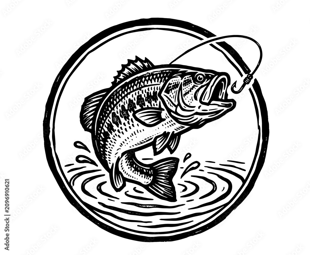 Fototapeta premium Largemouth bass striking fishing lure above water, retro engraving illustration, sport fishing vector illustration