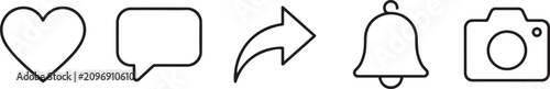 Black line icons of heart, chat, arrow, bell, camera on white