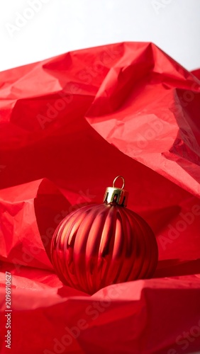 A crimson ornament rests on rumpled red tissue paper against a white background