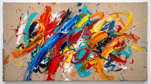 Vibrant abstract painting on canvas with colorful brushstrokes and splatters