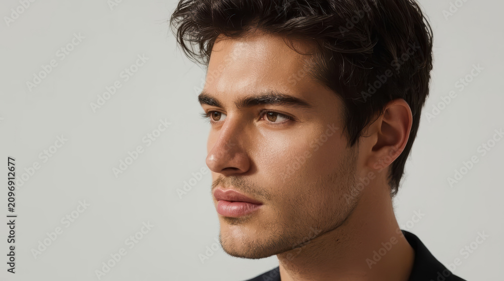 Fototapeta premium Handsome male portrait close up with soft lighting and neutral backdrop, contemplative expression