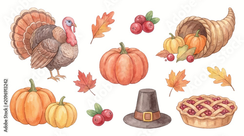 Set of Watercolor Thanksgiving Holiday Elements Featuring Festive Pumpkins and Turkey Illustration