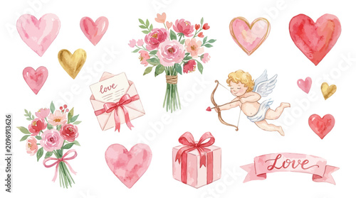 Hand Painted Watercolor Valentine Day Elements Featuring Floral Bouquets Hearts Cupid Gift Box and Love Letter for Romantic Greeting Cards and Invitations