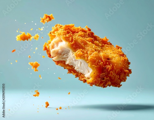 A crispy fried chicken strip suspended in mid-air, partially broken