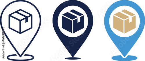 Three location pin icons featuring box illustrations in different color schemes