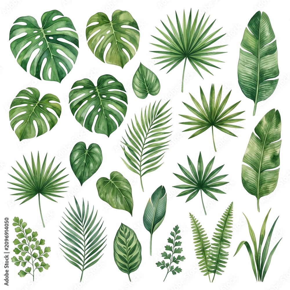 Fototapeta premium Tropical green leaves seamless pattern collection. Monstera palm fern botanical vector set for design projects