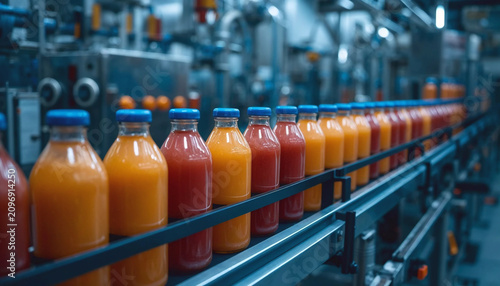 Conveyor belt, juice in bottles on beverage plant or factory interior in blue color, industrial production line.