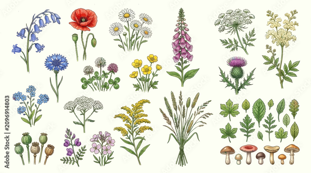 Naklejka premium A variety of colorful flowers and mushrooms are illustrated in a botanical garden scene with diverse plants and fungi on display.