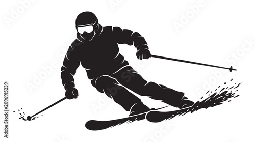 Photos Skier In Action Silhouette Against White Background