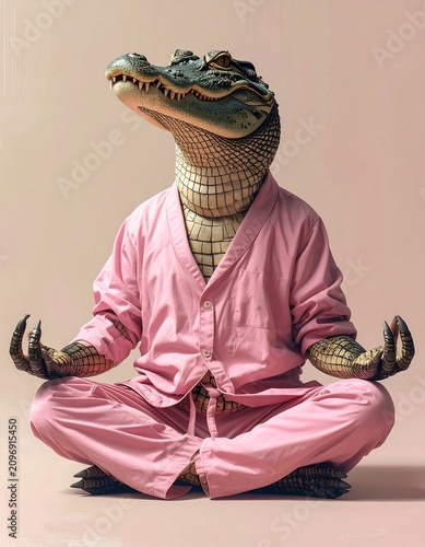 A crocodile in pink attire sits cross-legged in a meditative pose