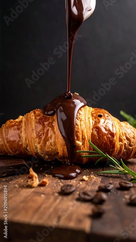 A croissant on a wooden board with chocolate sauce being poured over it