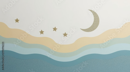 Glitter crescent moon and stars above layered pastel wave landscape with calm mood