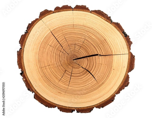 A cross-section of a tree trunk with visible growth rings and cracks