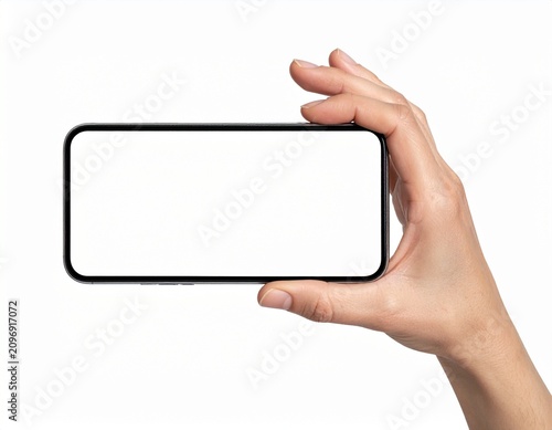 Hand Holding Smartphone Horizontally with Blank White Screen Mockup Isolated