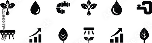Eco friendly water and nature conservation icon set showing foliage and irrigation system symbols.