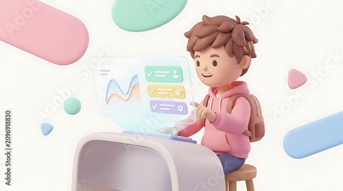 3d render of a young student using a laptop with data analytics dashboard displayed on screen