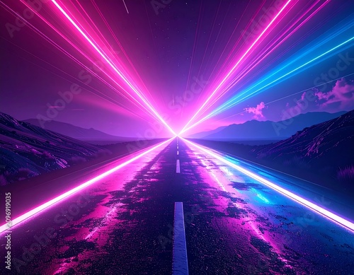 A dark road stretches into the distance, flanked by mountains under a purple sky with pink and blue neon lights