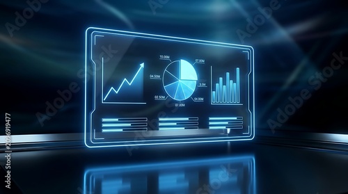 Futuristic data analytics dashboard display with financial charts and graphs in a blue tone