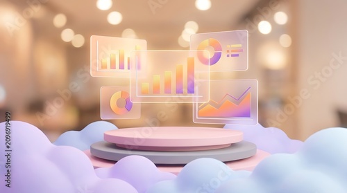 Data analytics presentation holographic charts and graphs on a minimalist podium display
