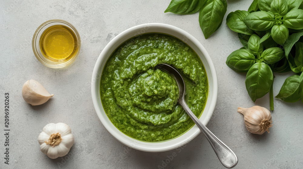 Naklejka premium Fresh basil pesto sauce with garlic and olive oil in bowl, vibrant green homemade condiment