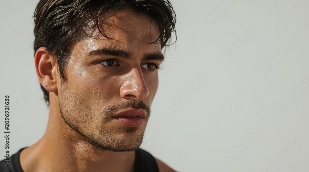 Naklejka premium Athletic young man portrait close up with sweat and contemplative expression
