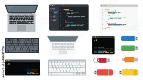 Konstfotografi Collection of digital devices and coding elements, including laptops, keyboards, flash drives, and code snippets on screens
