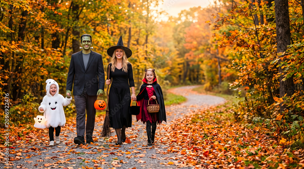 Obraz premium Family dressed in Halloween costumes walking through a beautiful autumn forest path.