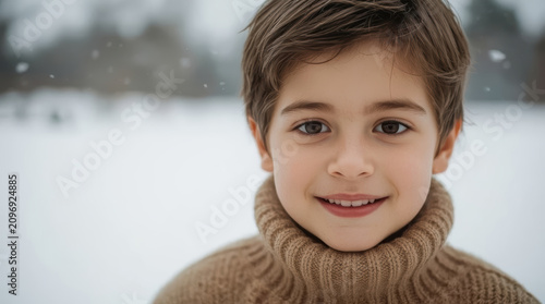 Cheerful young boy portrait in snowy outdoor scene wearing cozy brown turtleneck sweater