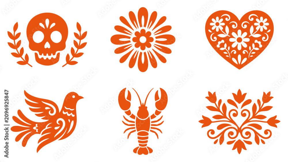 Fototapeta premium Set of decorative folk art icons including a skull flower heart bird lobster and floral design