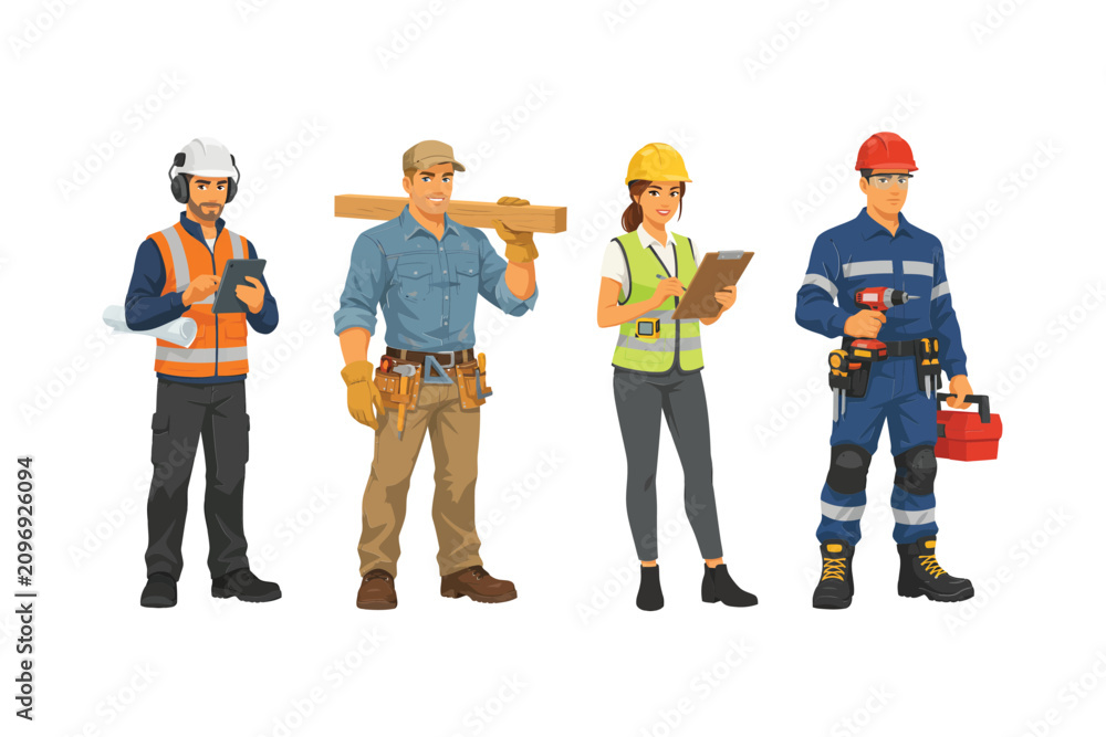 Obraz premium Construction workers illustration with tools vector graphic on white background