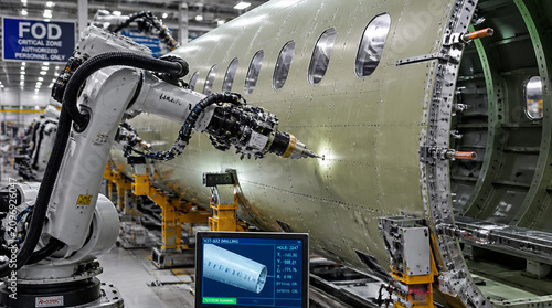 Robotic drilling system assembling aircraft fuselage panel with automated arm and control console in industrial production line