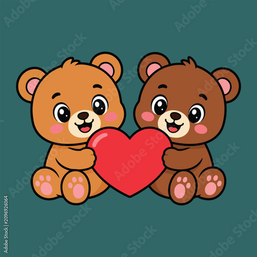 Cute Bear Couple Holding Heart Cartoon Flat Vector Illustration Kawaii Teddy Bear Love Mascot for Valentine's Day Stickers and Merchandise