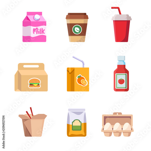 Flat Food and Beverage Packaging Icon Set for Grocery and Delivery Applications vector illustration.