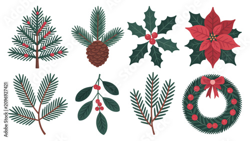 Set of colorful christmas and winter holiday decorative illustrations featuring holly leaves, berries, and poinsettias Vector, illustration